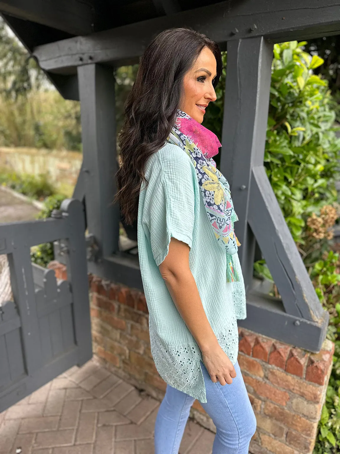 Mint Bubble Cotton Detailed Hem Top Anna