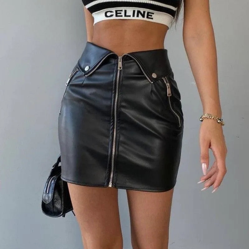 Multi Zipper PU Leather High-waist Bodycon Mini Skirt