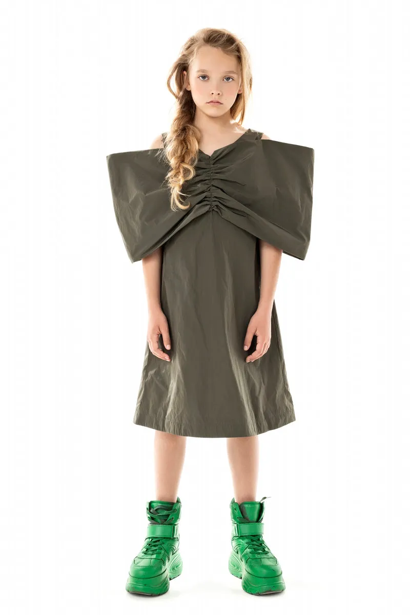 OVERSIZED FRONT BOW KHAKI DRESS