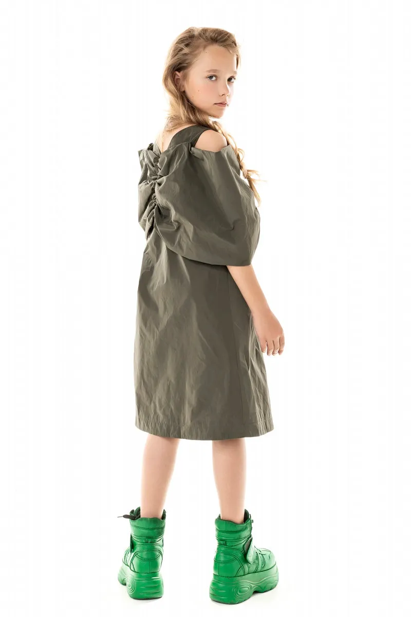 OVERSIZED FRONT BOW KHAKI DRESS