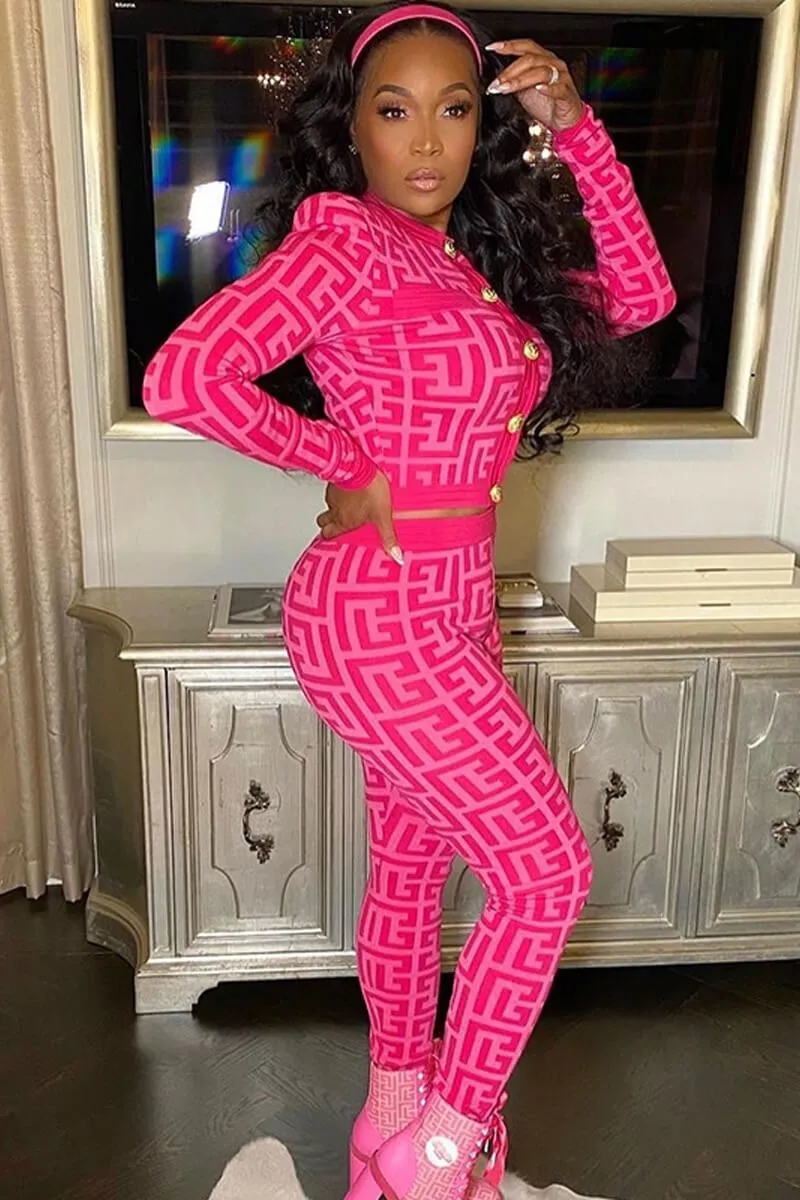 Pink Geometric Print Crop Top And Leggings Set