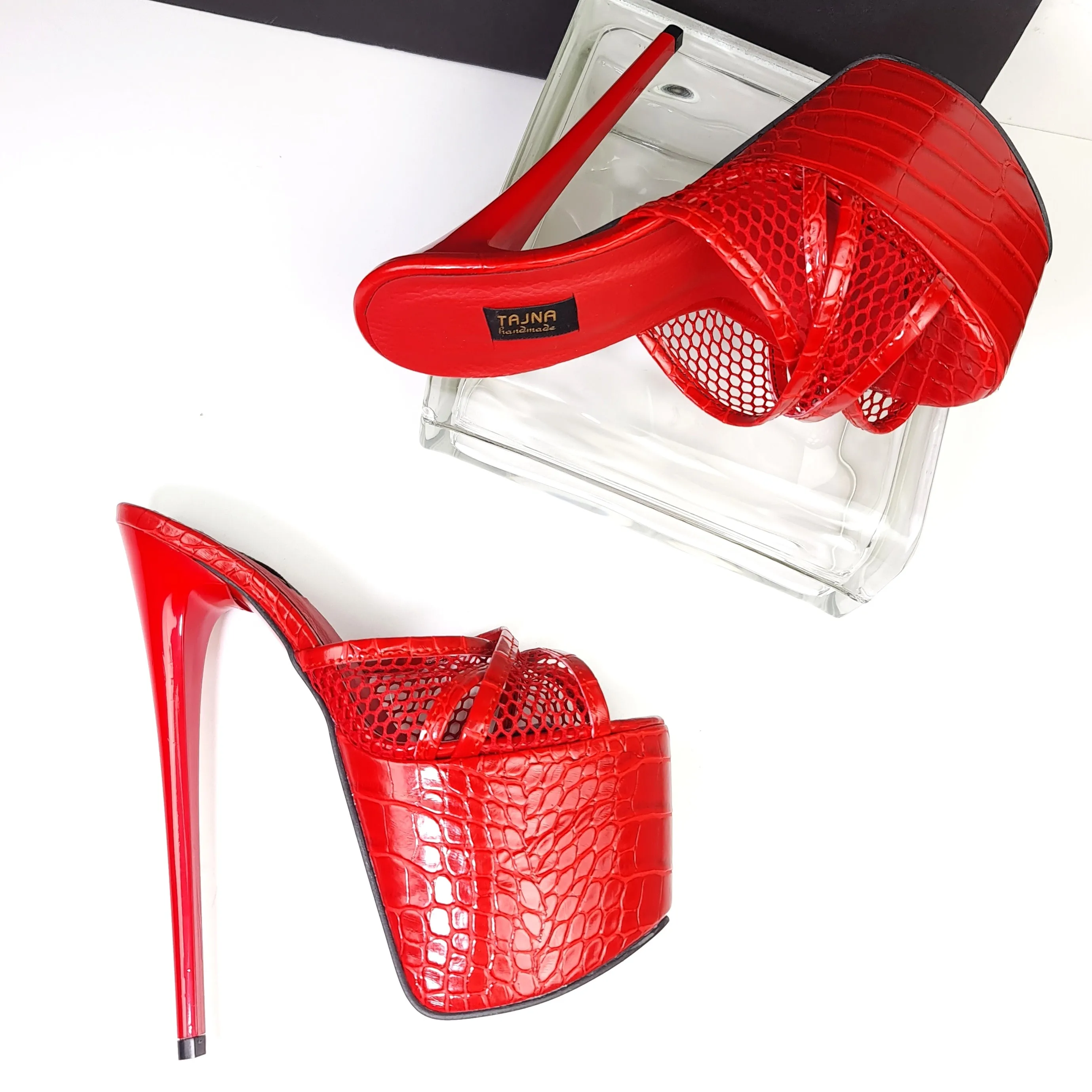 Red Croco Fishnet Strap High Heel Mules