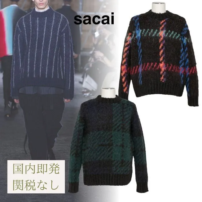 sacai  |Crew Neck Pullovers Unisex Wool Nylon Street Style