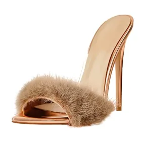 sexytag Fluffy Faux Fur Pointed Toe Mules Feather Heel for Women Sexy Stiletto High Heels Slip on Slide Sandals Slippers Gold Si