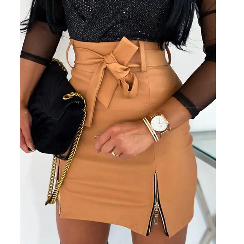 Slim High Waist Split Office PU Leather Pencil Bodycon Mini Skirt