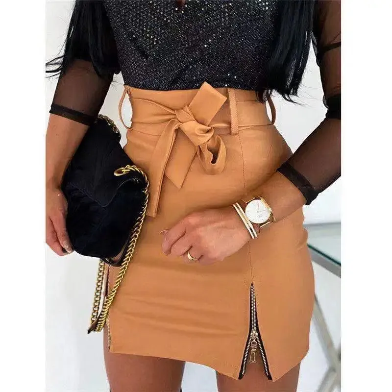 Slim High Waist Split Office PU Leather Pencil Bodycon Mini Skirt