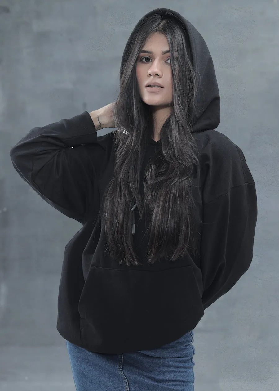 Solid Black Women Drop Shoulder Premium Terry Hoodie | Pronk