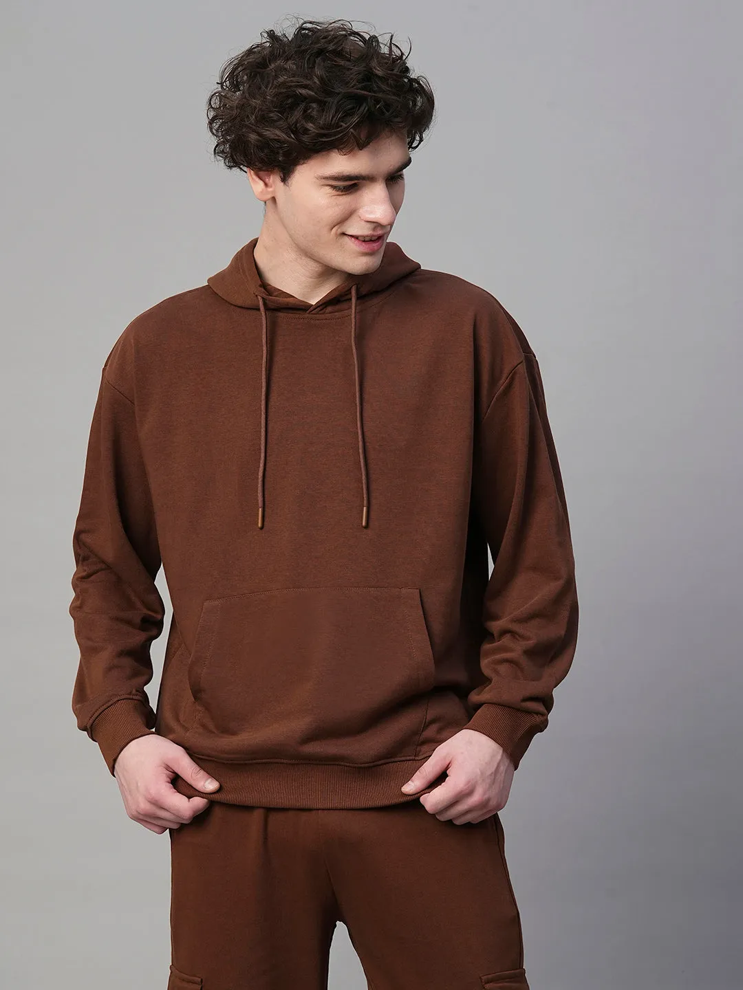 Solid Men Drop Shoulder Premium Terry Hoodie - Cocoa