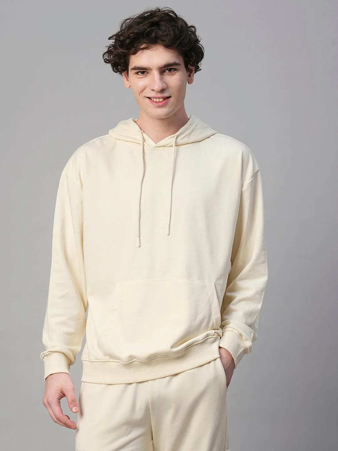 Solid Men Drop Shoulder Premium Terry Hoodie - Off White