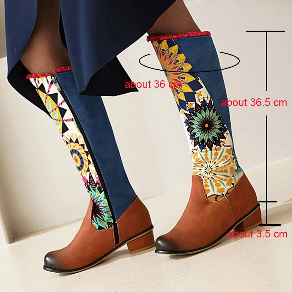 Spring Women's Round Toe Zipper Knee High Med Chunky Square Heels Boots