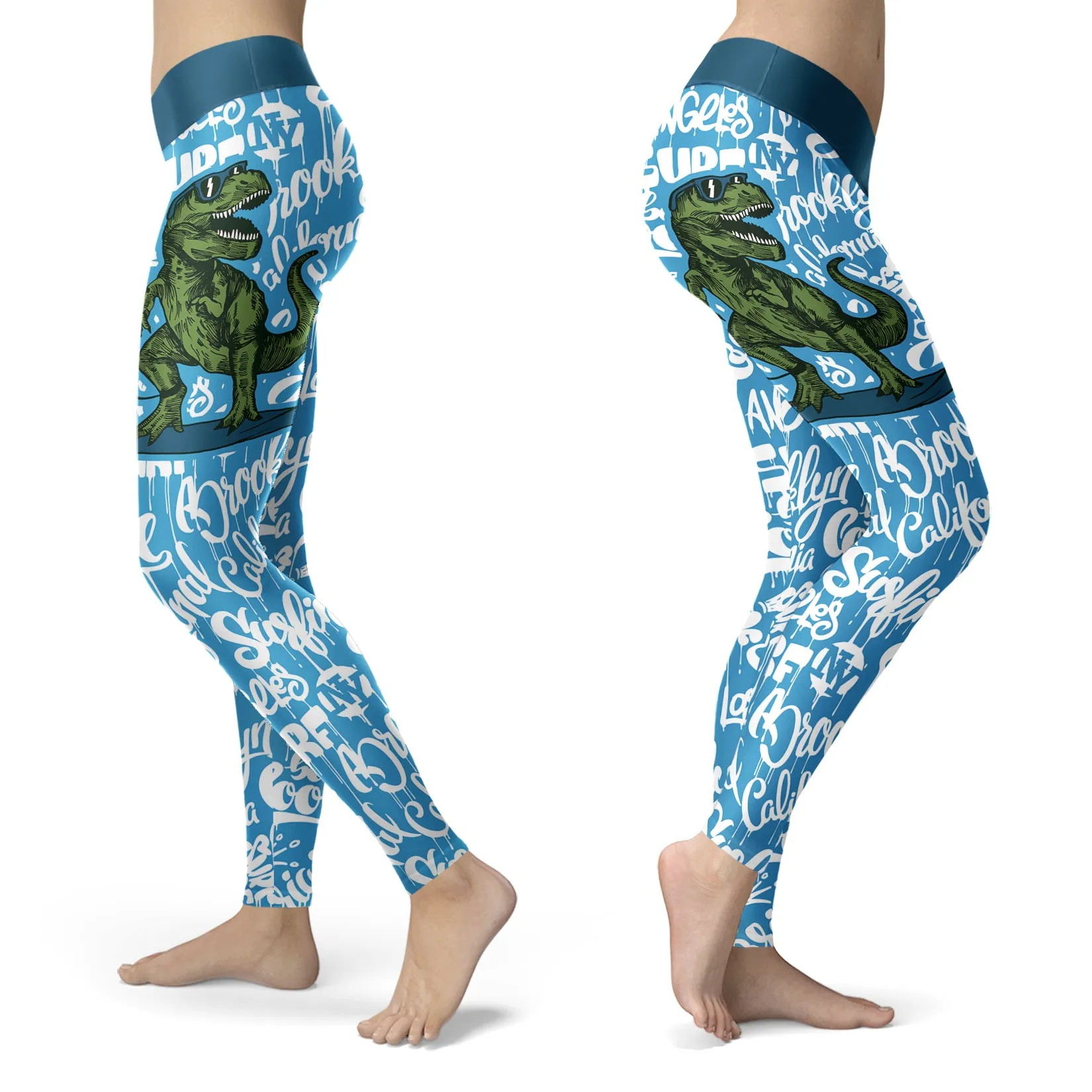 Surfing Leggings T-Rex Surfing With Surf Text