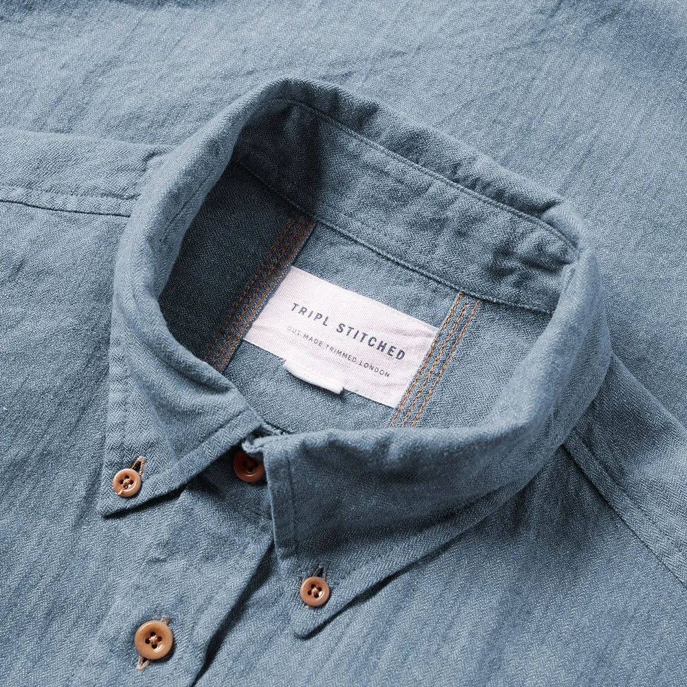 Tripl Stitched Button Down Tab Collar ShirtChambray Herringbone