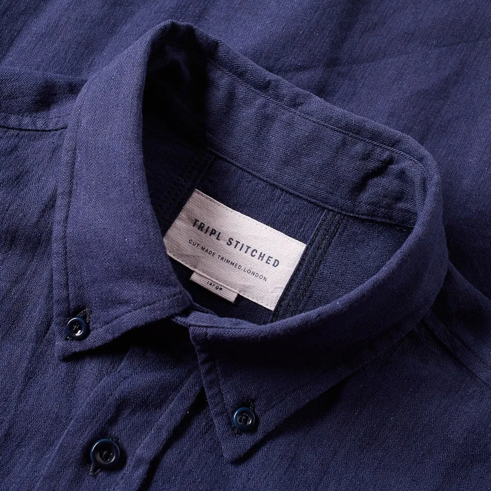 Tripl Stitched Button Down Tab Collar ShirtNavy Herringbone