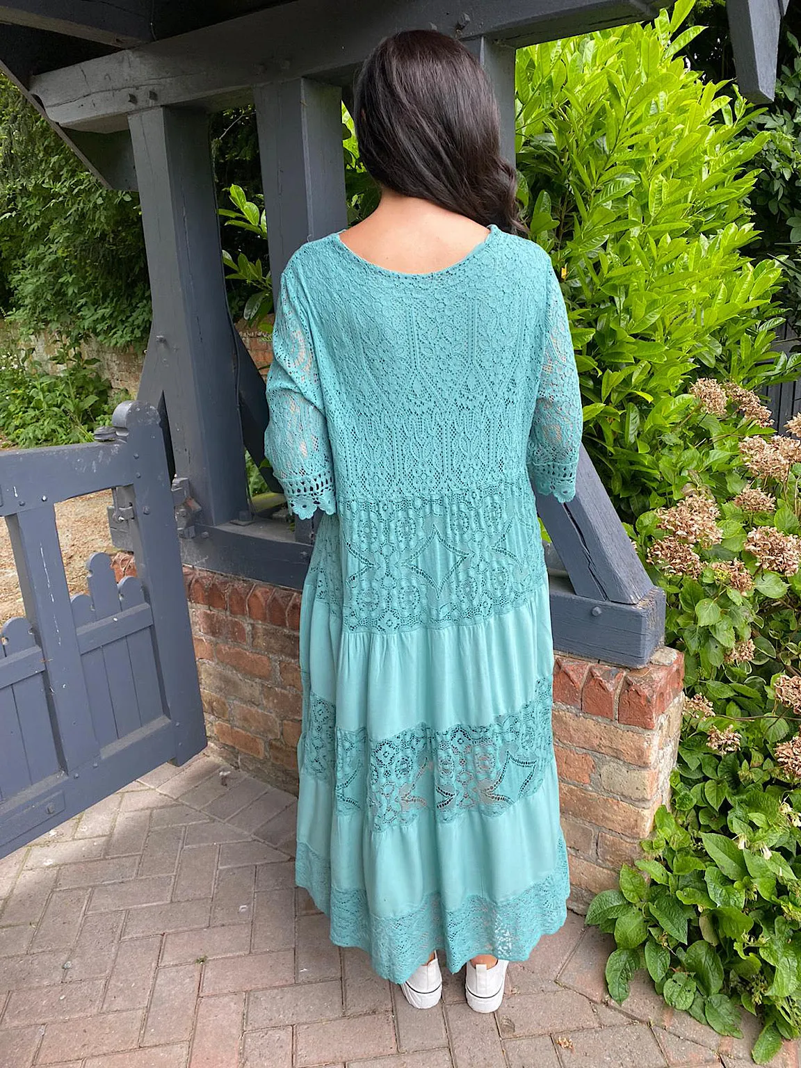 V-Neck Crochet Lace Panel Dress Remi