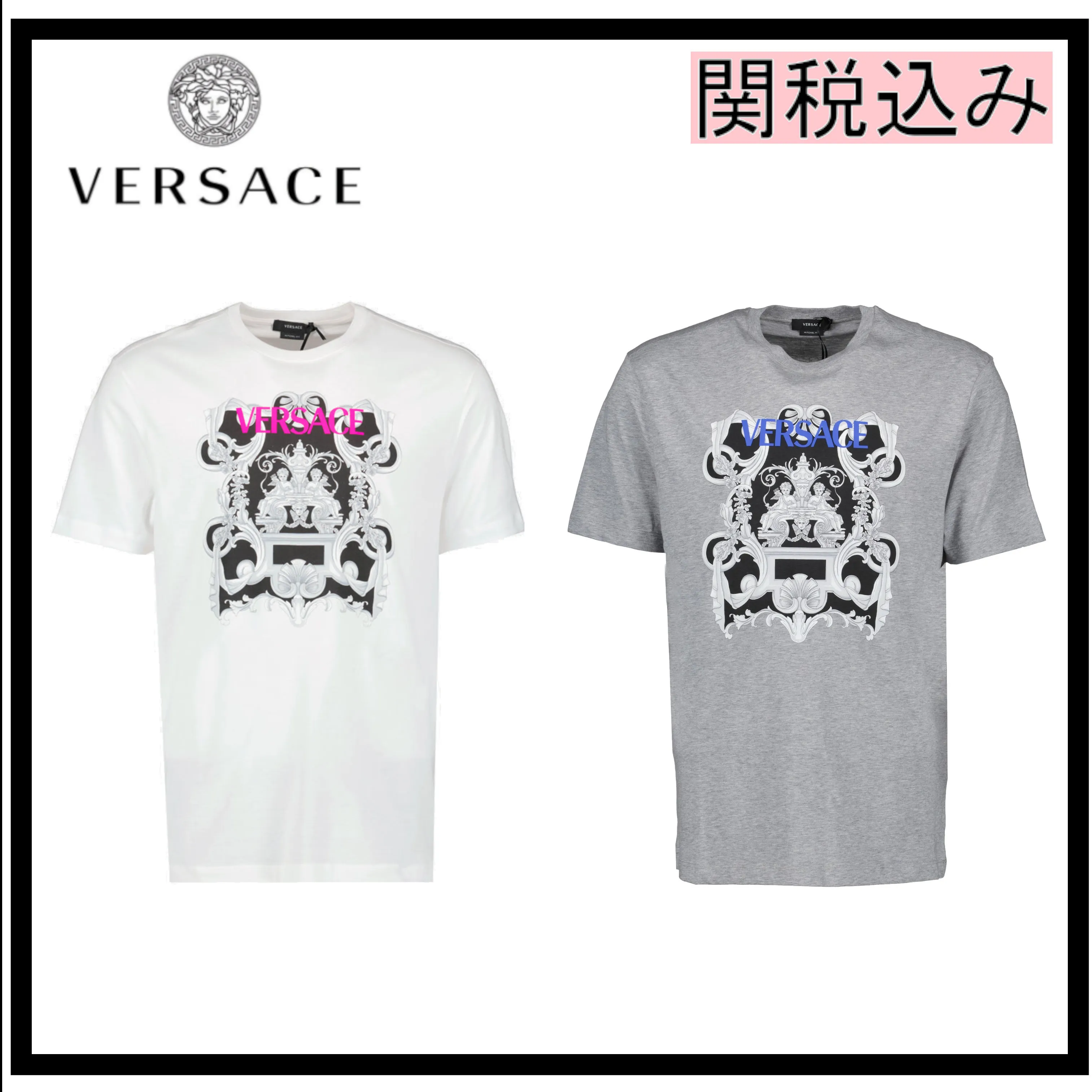 VERSACE  |Crew Neck Pullovers Street Style Cotton Short Sleeves Logo