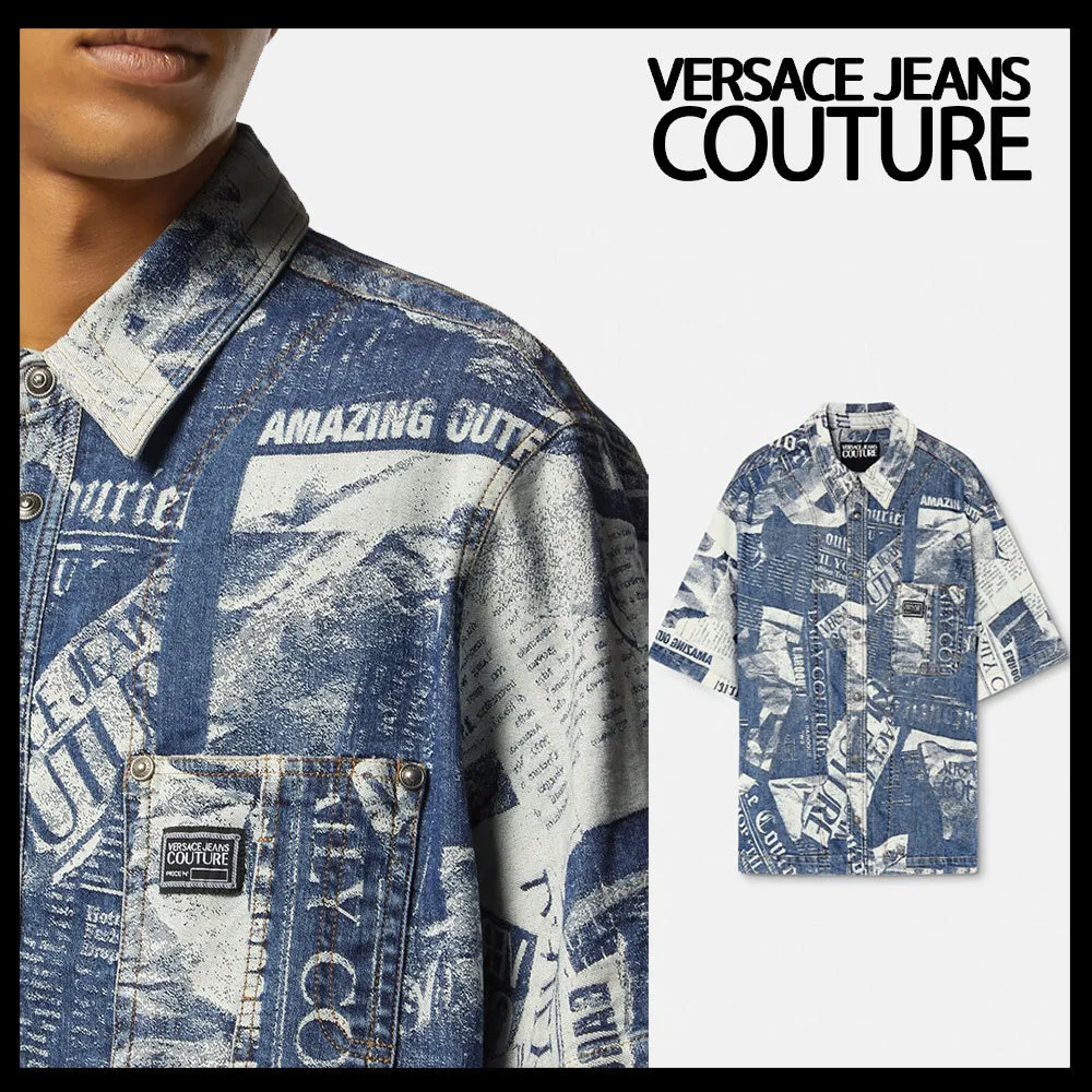 VERSACE JEANS  |Blended Fabrics Street Style Bi-color Cotton Short Sleeves