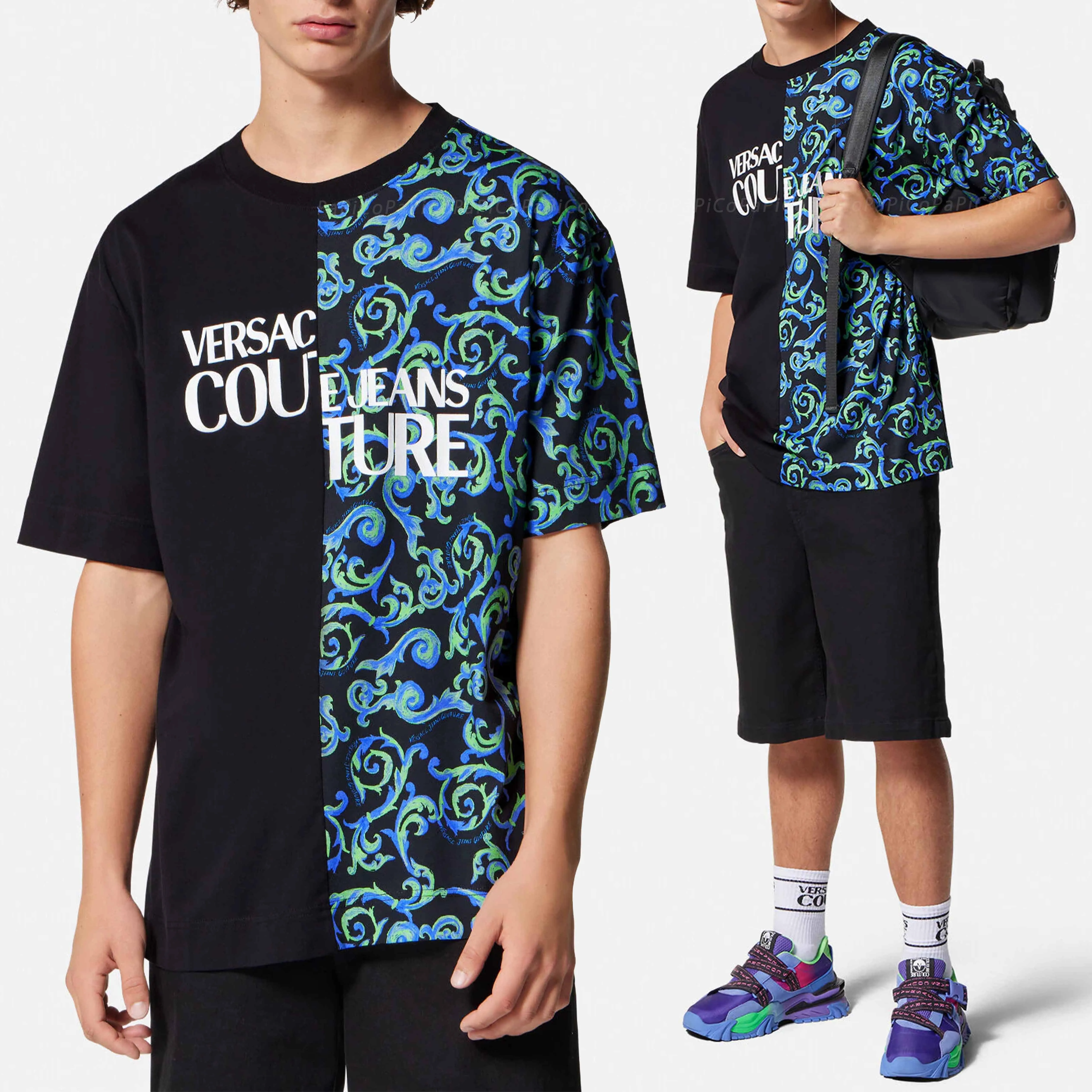 VERSACE JEANS  |Crew Neck Flower Patterns Unisex Cotton Short Sleeves Logo