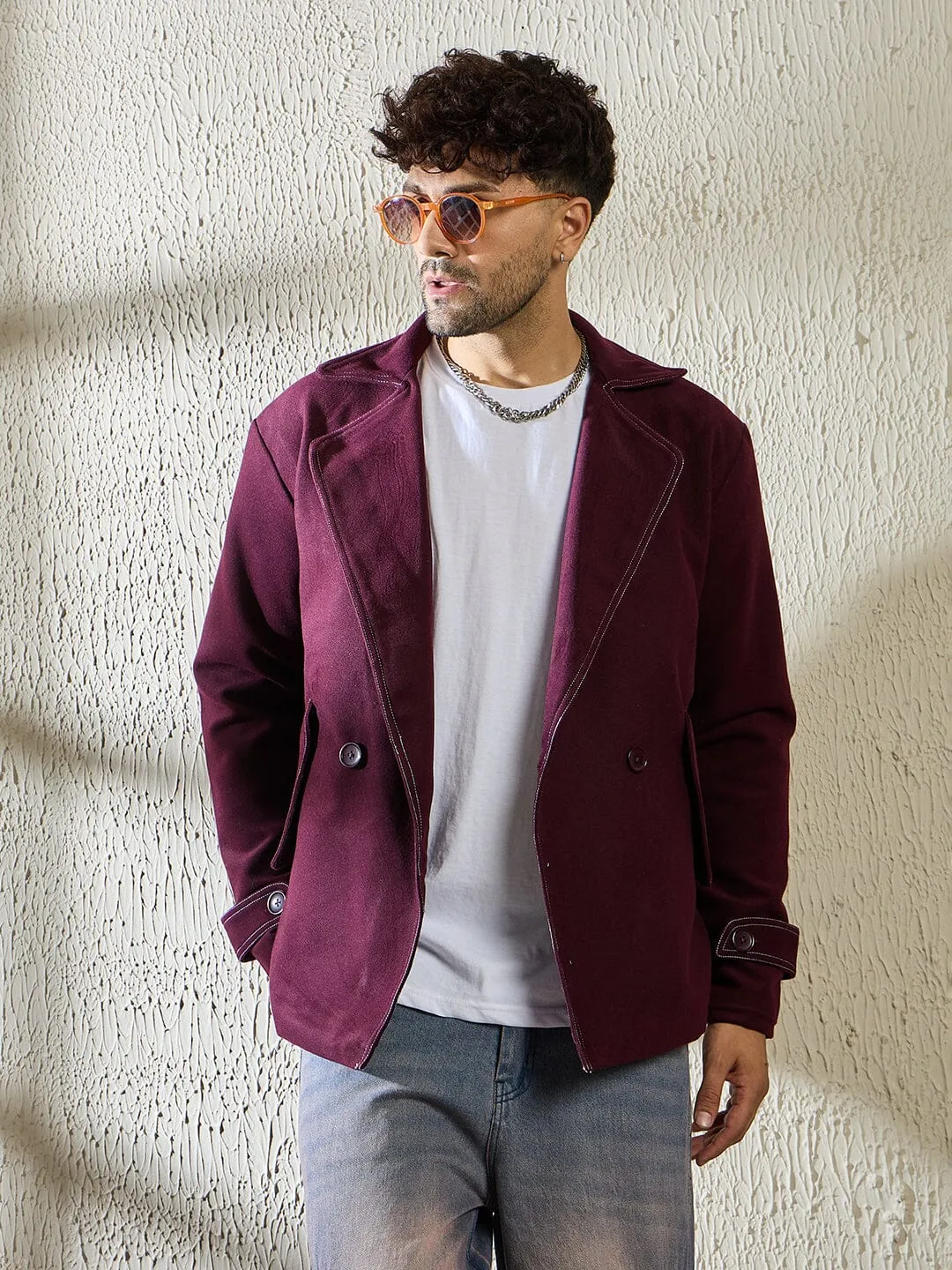 Wine Woollen Contrast Blazer