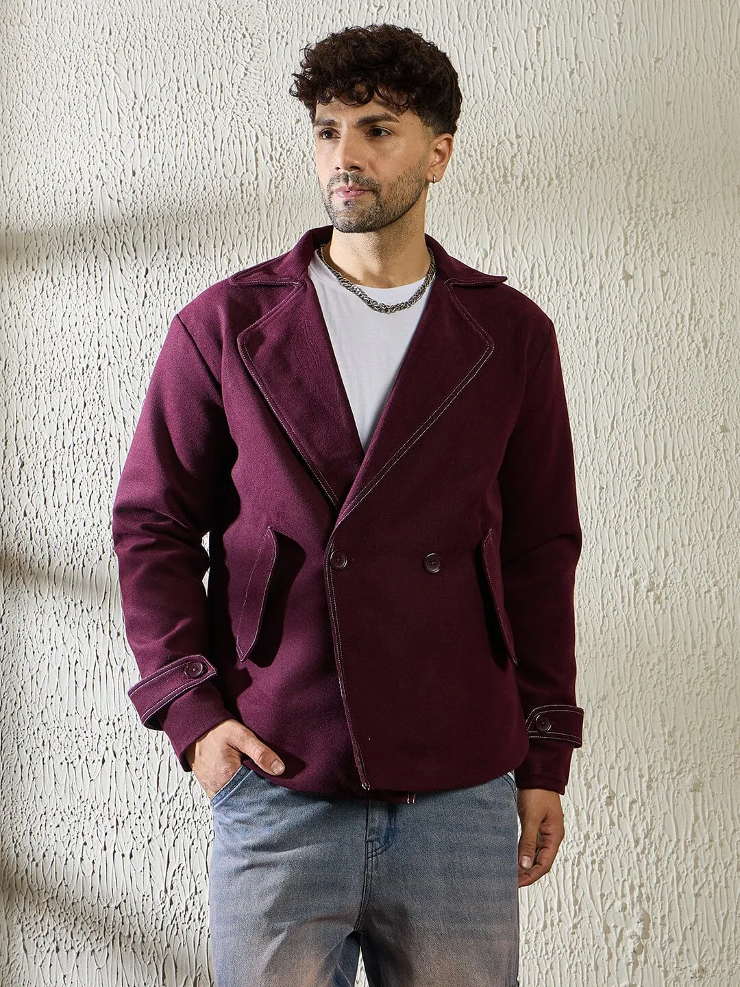 Wine Woollen Contrast Blazer