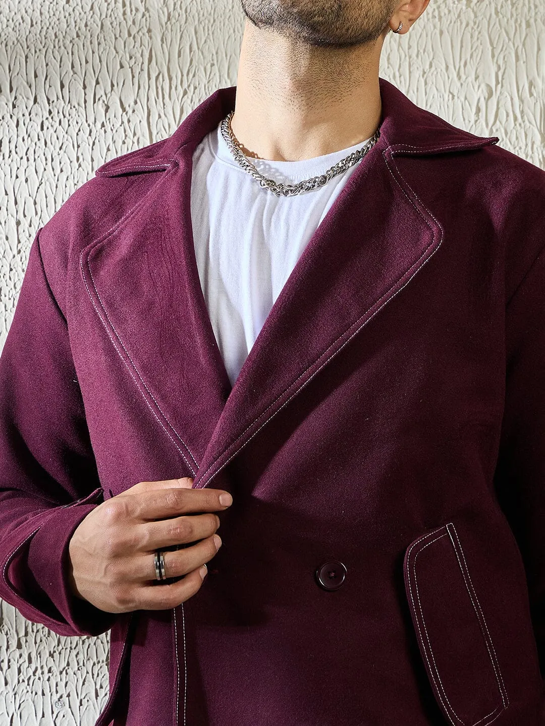 Wine Woollen Contrast Blazer