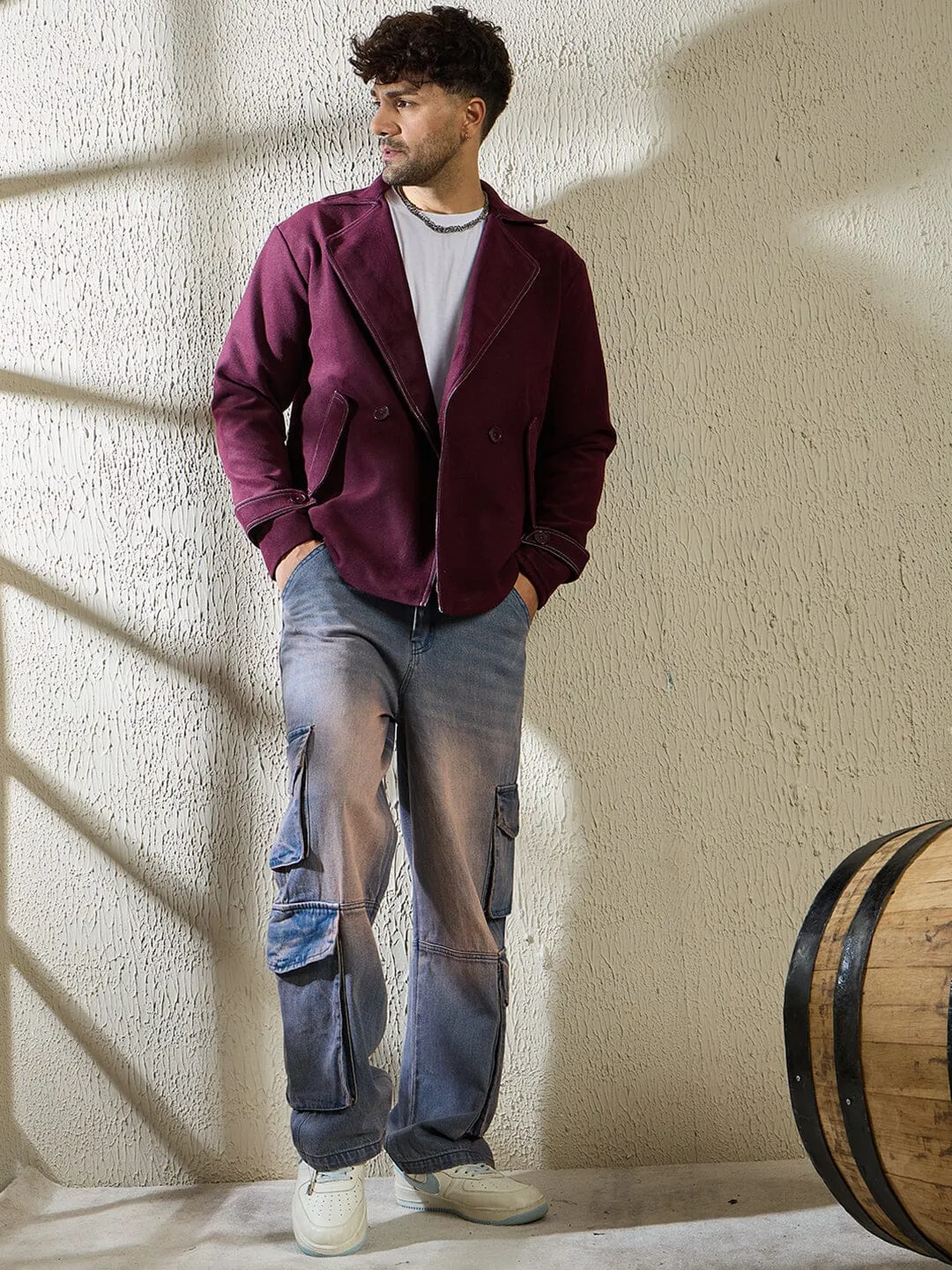 Wine Woollen Contrast Blazer