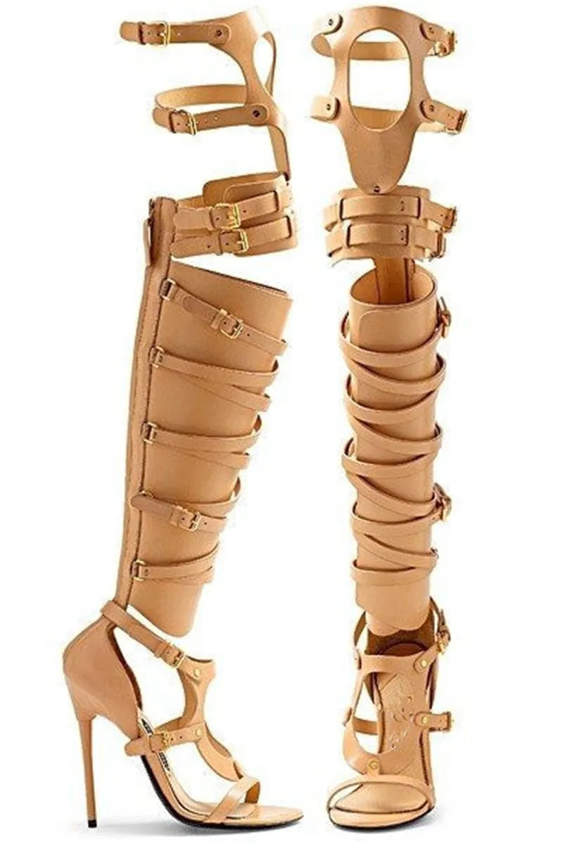 Women's Hollow Cross Tied Belt Buckle Over The Knee High Heel Boots