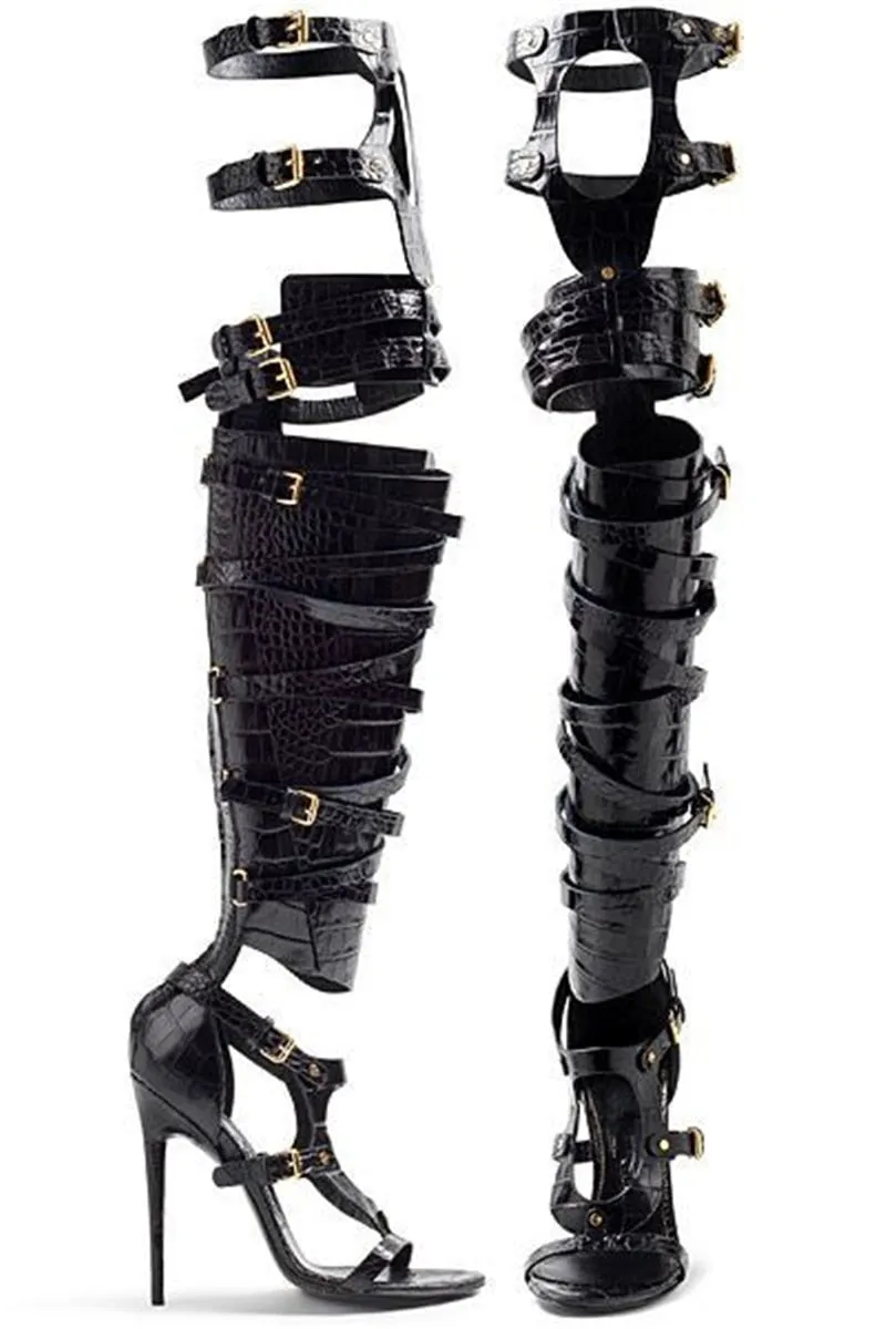 Women's Hollow Cross Tied Belt Buckle Over The Knee High Heel Boots