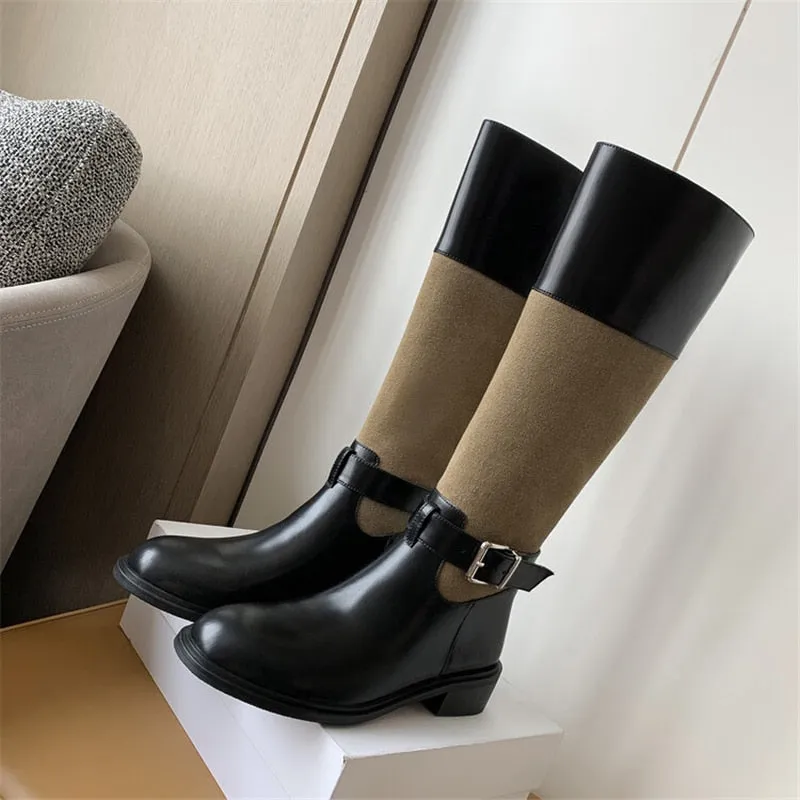 Women's Knight Belt Buckle Back Zipper Round Toe Knee-high Boots Shoes