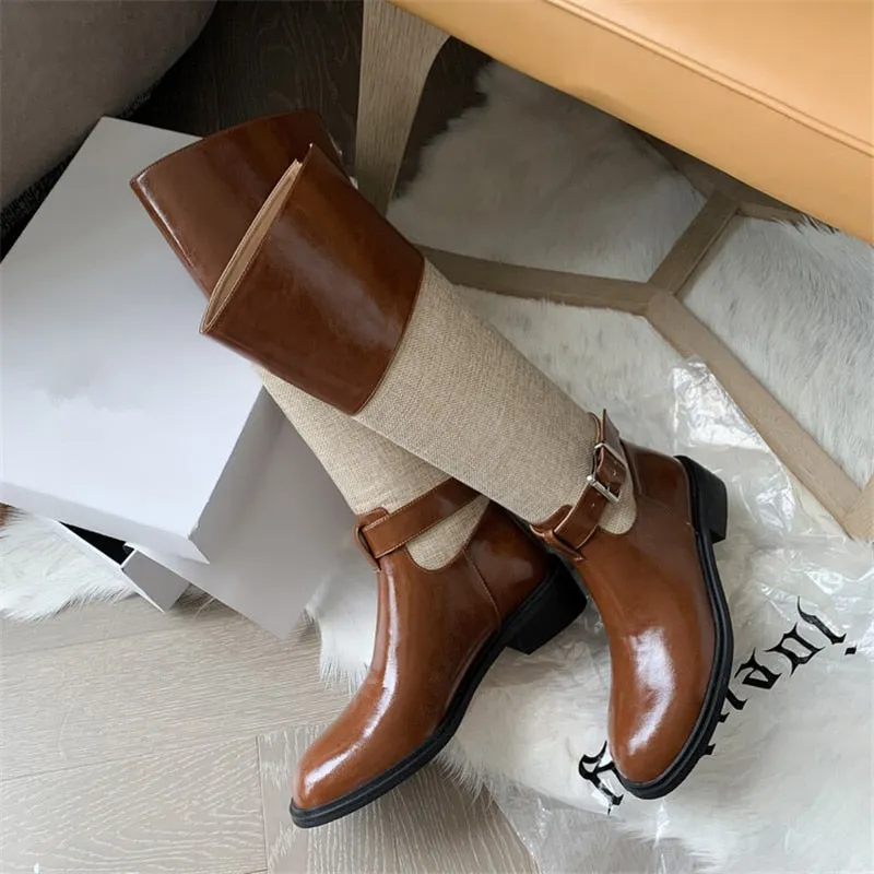 Women's Knight Belt Buckle Back Zipper Round Toe Knee-high Boots Shoes