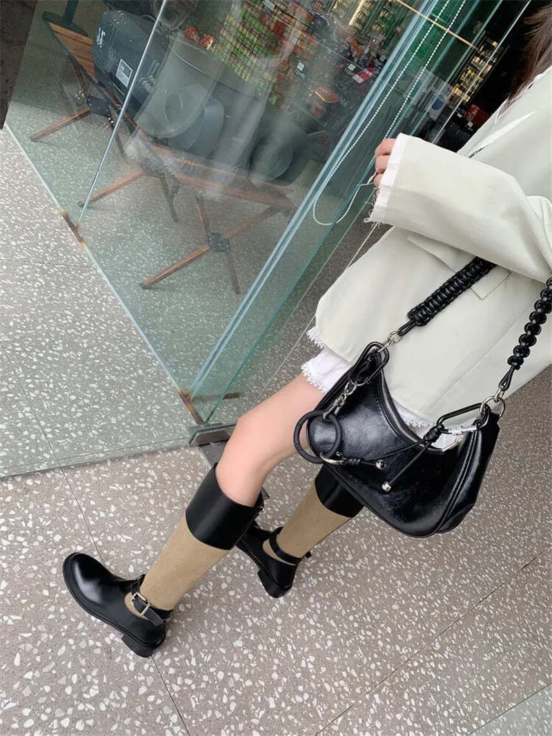 Women's Knight Belt Buckle Back Zipper Round Toe Knee-high Boots Shoes