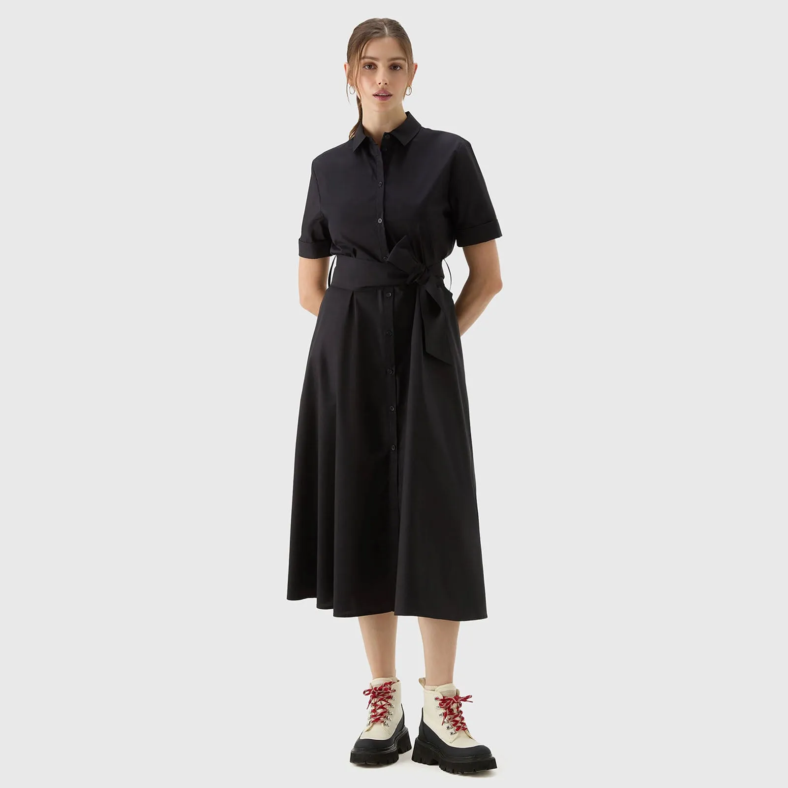 Woolrich Abito Con Cintura In Popeline Nero Donna