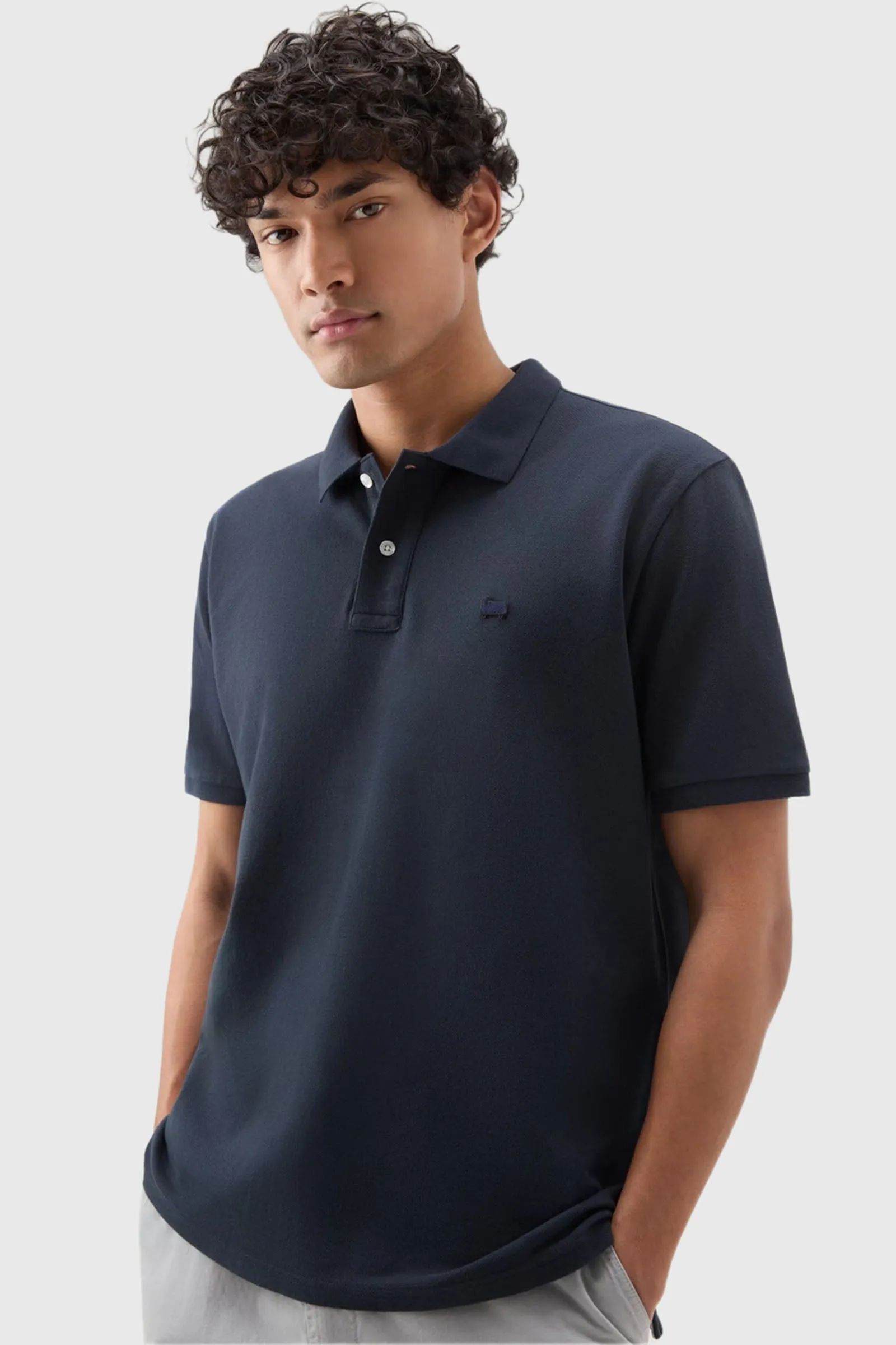 Woolrich Polo In Piquet Di Puro Cotone Blu Uomo