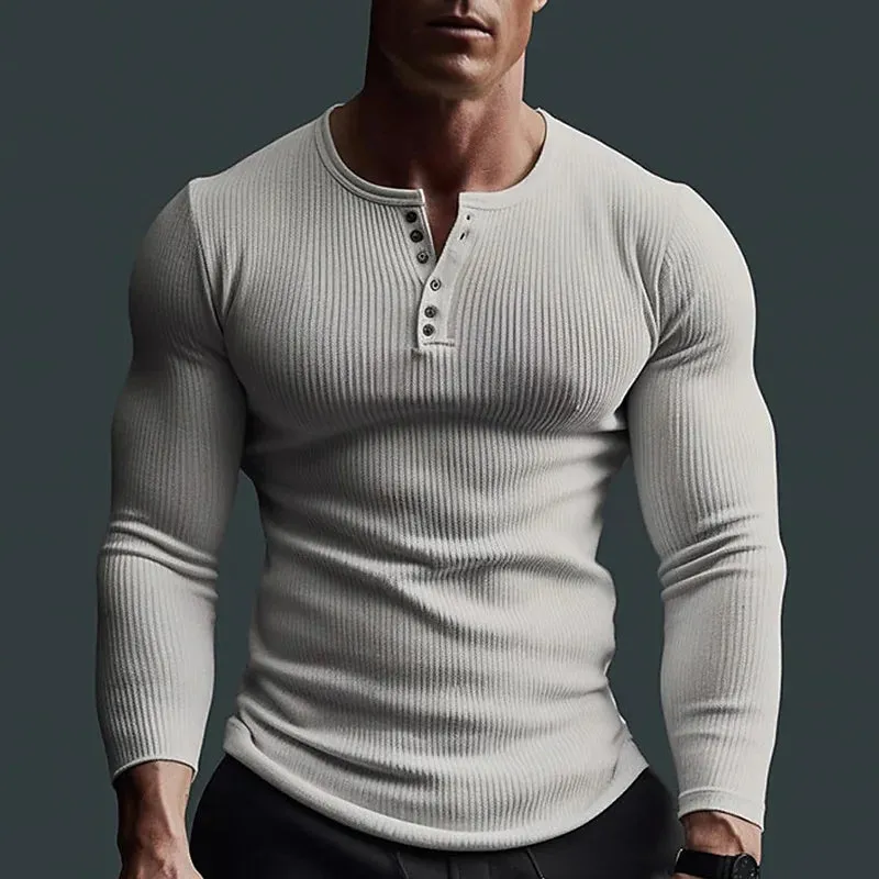 Xituodai High Elastic Men Long Sleeve Grey Tees Streetwear Casual Button V Neck Tops Male Solid Slim Pullovers Four Seasons Basi