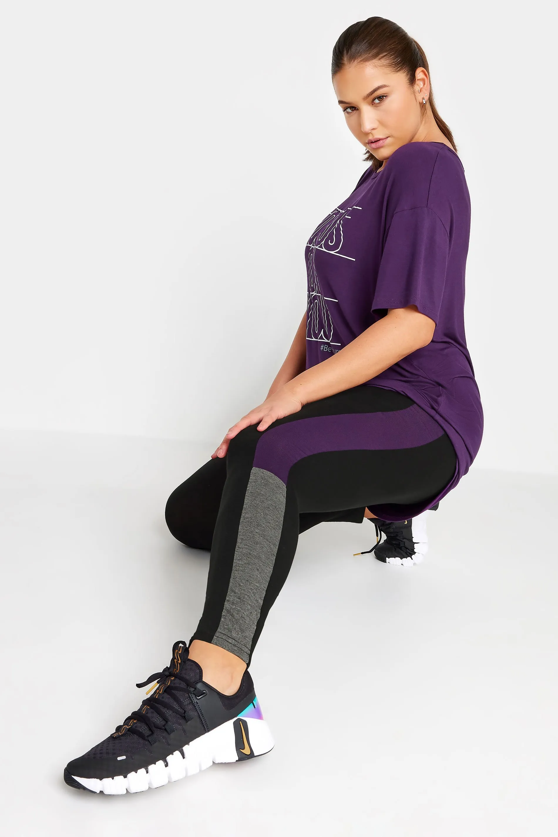 YOURS ACTIVE Curve Black & Purple Side Stripe Leggings