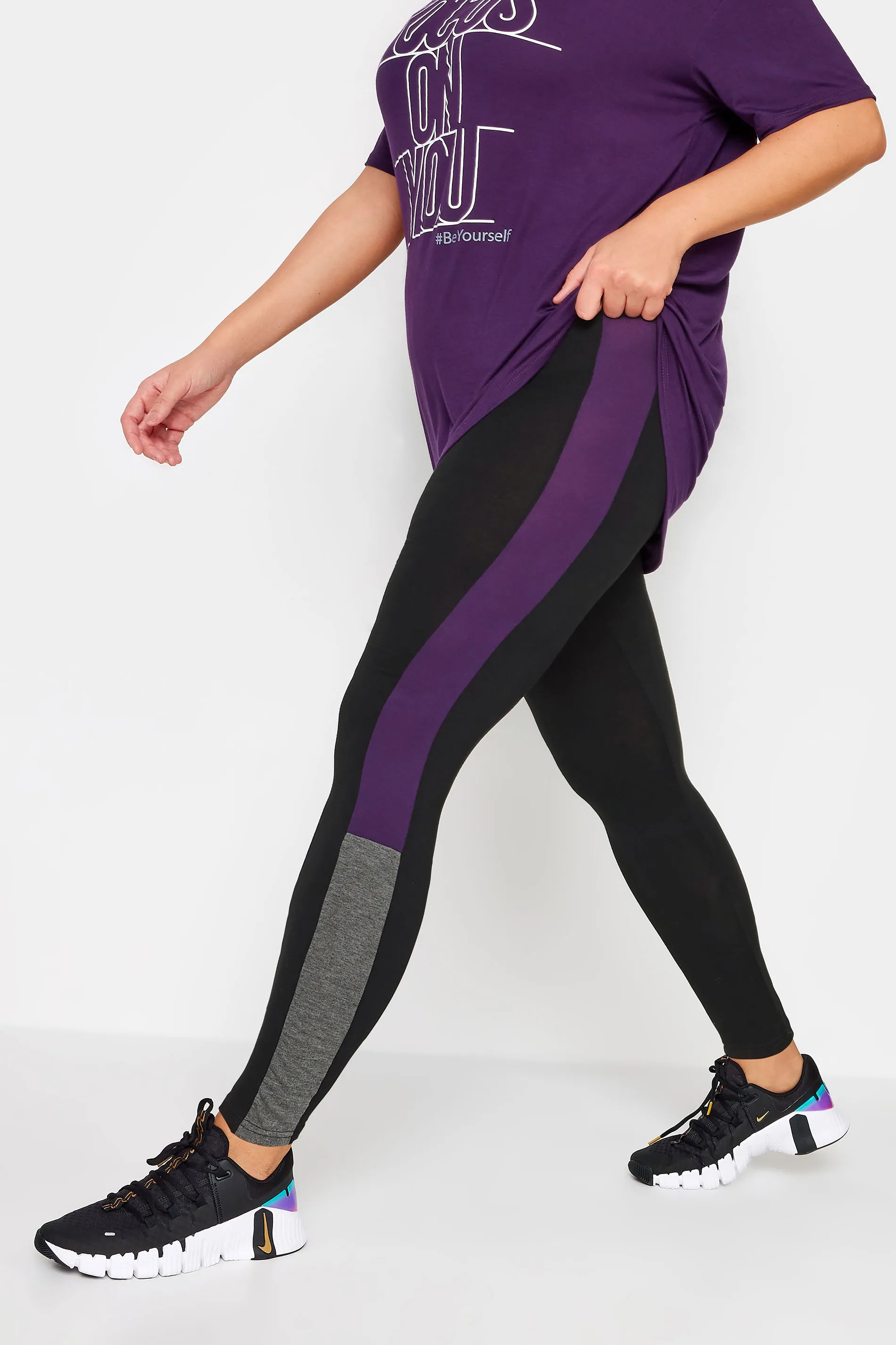 YOURS ACTIVE Curve Black & Purple Side Stripe Leggings