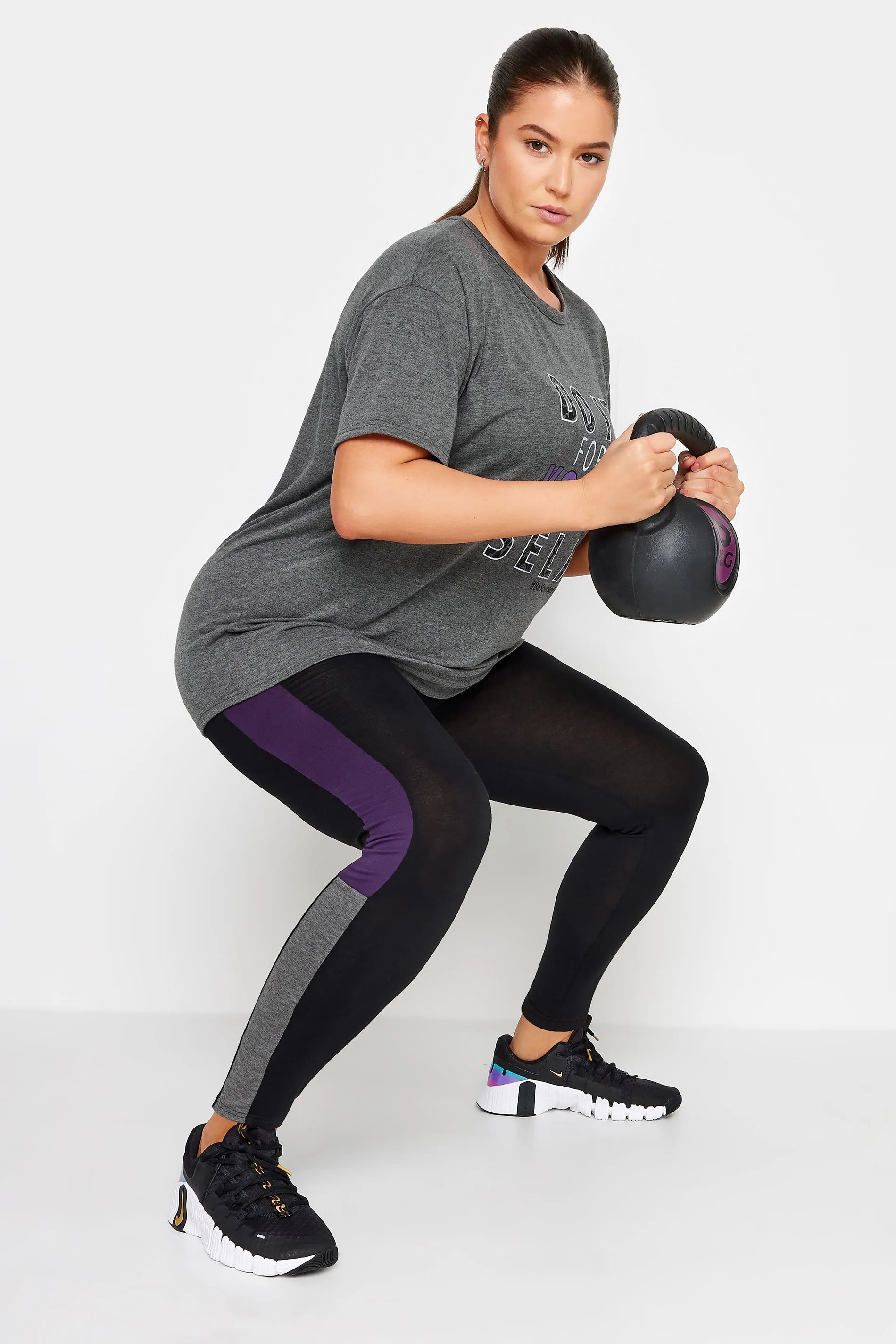 YOURS ACTIVE Curve Black & Purple Side Stripe Leggings