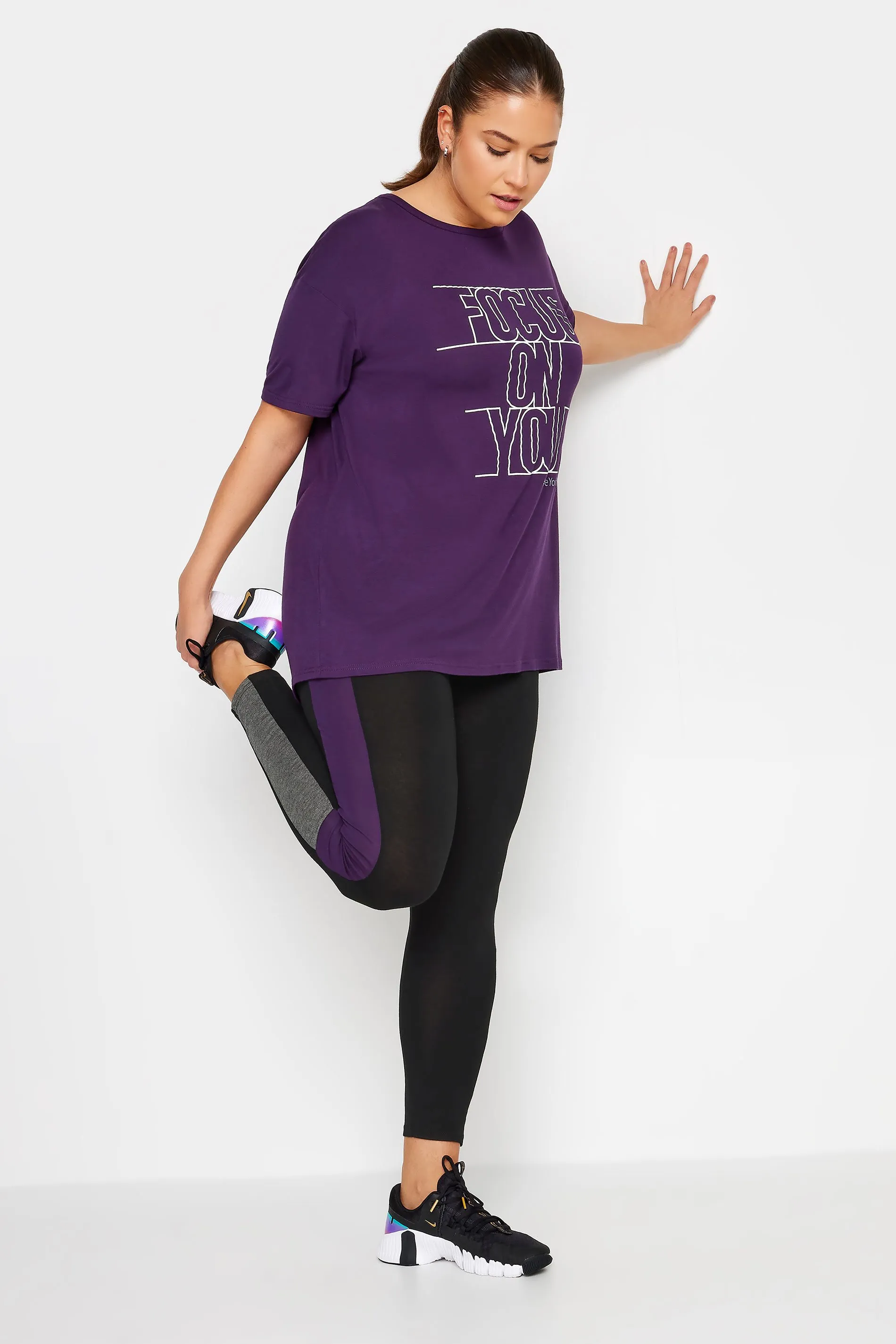 YOURS ACTIVE Curve Black & Purple Side Stripe Leggings