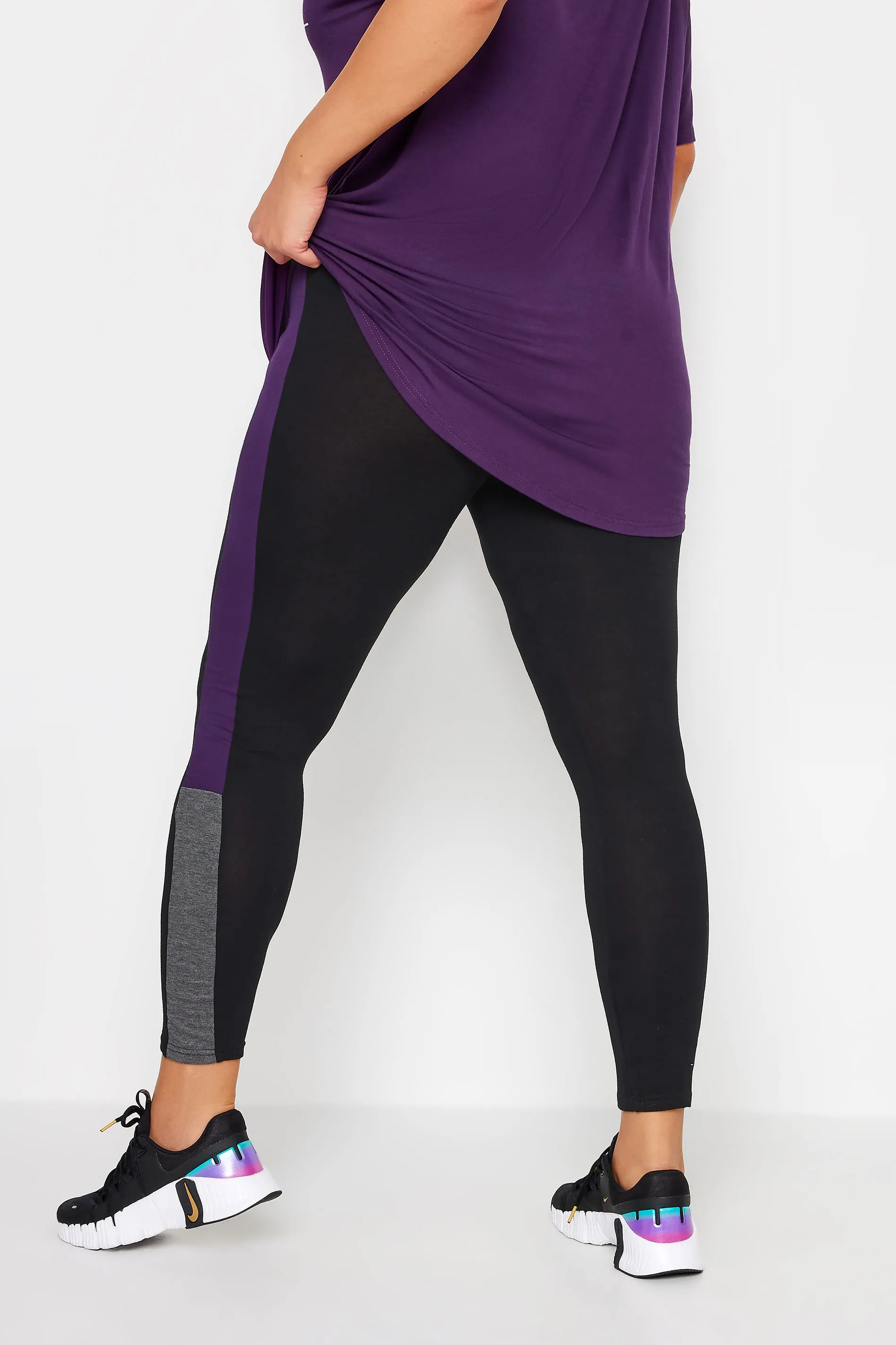 YOURS ACTIVE Curve Black & Purple Side Stripe Leggings