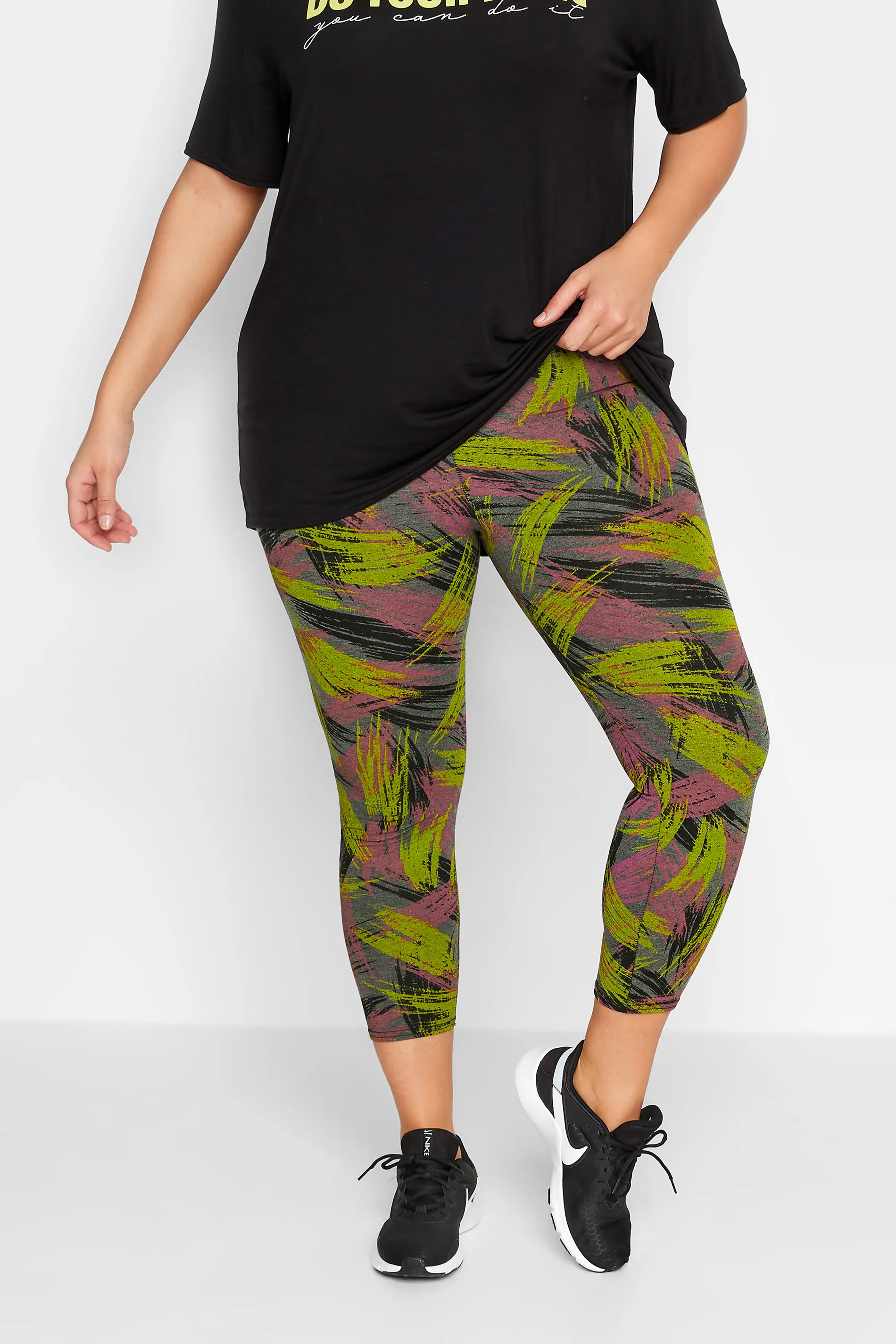 YOURS ACTIVE Curve Green & Pink Slash Print Leggings