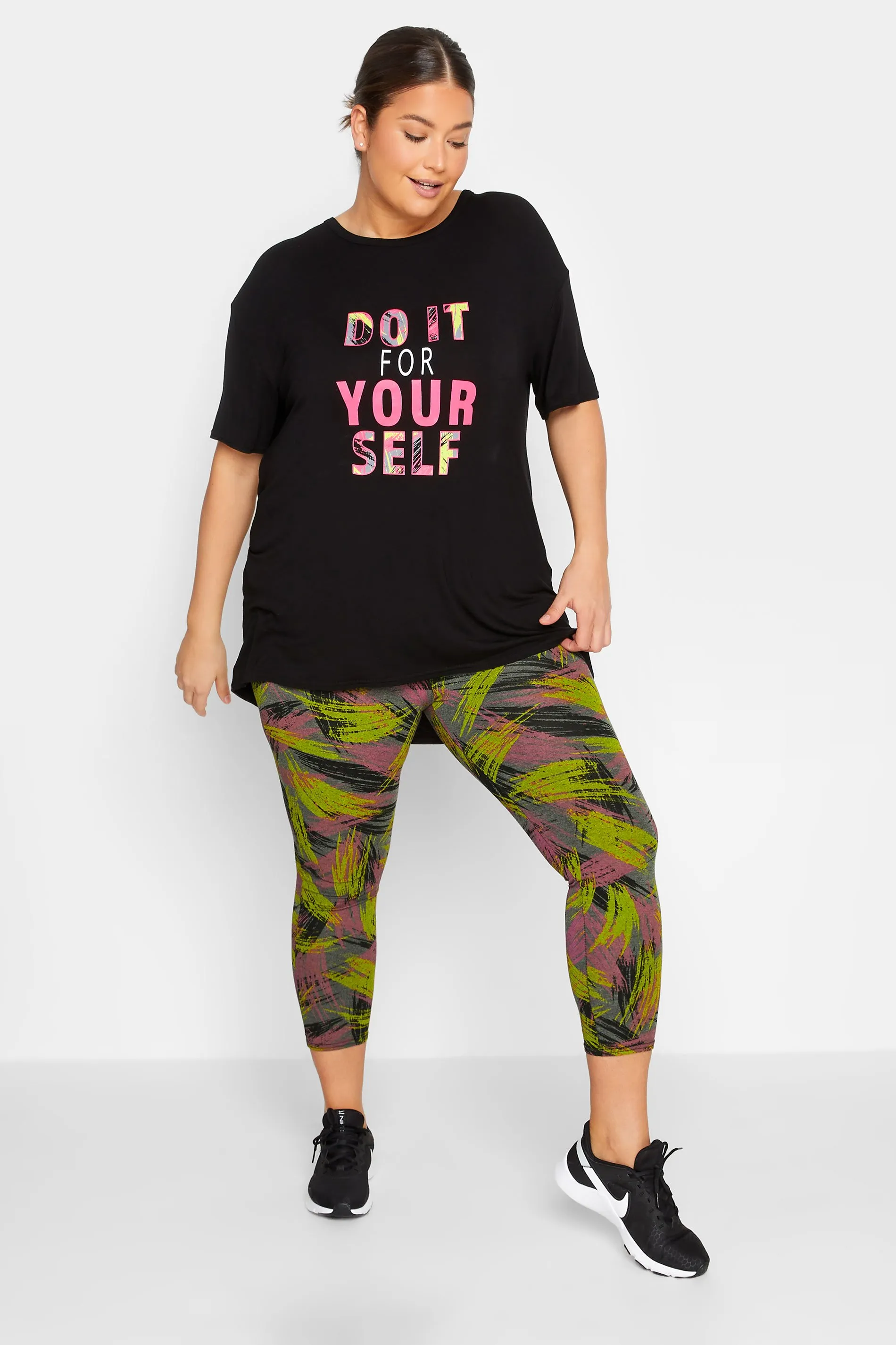 YOURS ACTIVE Curve Green & Pink Slash Print Leggings